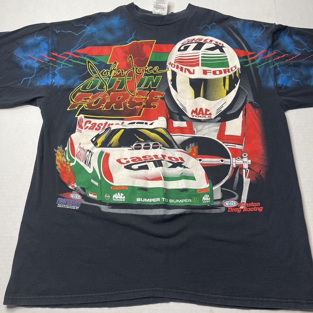 vintage 90s NHRA John Force WINSTON DRAG RACING ALL OVER PRINT T-Shirt XXL AOP